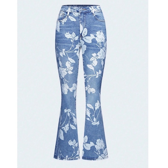 Vintage Style Floral Print Bell Bottom High Waist Denim Jeans - Picture 2 of 6
